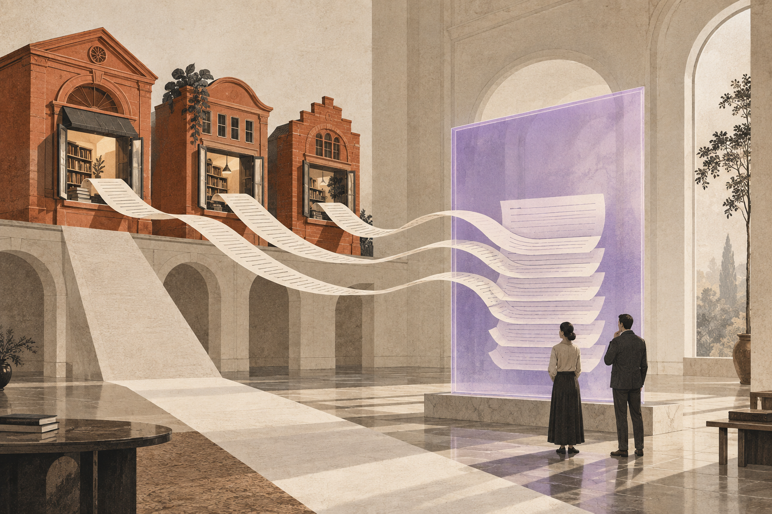Publisher pages feed a central answer panel, with readers gathered around the answer rather than visiting the pages.